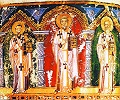 Святители Василий Великий, Григорий Нисский и Григорий Богослов. Миниатюра из Гомилий свт. Григория Богослова. 880–886 гг. (Paris. gr. 510. Fol. 71v)
