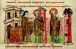 Послушание прп. Исаакия Киево-Печерского в монастырской поварне. Миниатюра из Радзивиловской летописи. Кон. XV в. (БАН. 34.5.30. Л. 113)