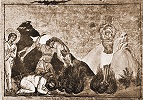 Мученичество Карпа, Папила, Агафодора и Агафоника. Миниатюра из Минология Василия II. 1-я четв. XI в.