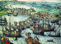 Осада г. Тунис и порта Голетты армией имп. Карла V. Гравюра Ф. Хогенберга по рис. Я. Вермеена. 1582 г.