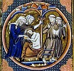 Обряд «утешения». Миниатюра из Книги Иова т. н. Оксфордской Библии. 1235-1245 гг. (Paris. lat. 11560. Fol. 1v)
