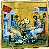 Евангелисты. Миниатюра из Евангелия-лекционария. Нач. XII в. (Ath. Protat. 11. Fol. 281)