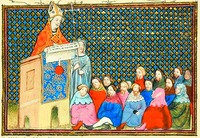 Проповедь архиеп. Томаса Арундела. Миниатюра из рукописи: Jean Creton. La Prinse et mort du roy Richard (Lond. Brit. Lib. Harley. 1319. Fol. 12). Ок. 1401–1405 г.