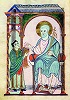 Архиеп. Кёльнский Геро перед ап. Петром. Миниатюра из Кодекса Геро (Darmstadt, Hessische Landes-und Hochschulbibliothek. Hs. 1948. Fol. 6v). Ок. 969 г.