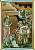 Воскрешение сына вдовы из Наина. Миниатюра из Кодекса аббатисы Хитды (Darmstadt, Hessische Landes-und Hochschulbibliothek. Hs. 1640. Fol. 115r). Ок. 1020 г.