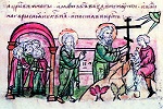 Ап. Андрей водружает крест на месте основания Киева. Миниатюра из Радзивиловской летописи. Кон. XV в. (БАН. 34.5.30. Л. 35)