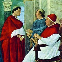 Кард. Джулиано делла Ровере перед папой Римским Сикстом IV. Фрагмент росписи. 1477 г. Худож. Мелоццо да Форли (Ватиканская апостолическая б-ка)