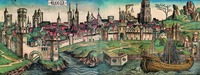 Панорама Кёльна. Раскрашенная гравюра из кн.: Schedel H. Liber chronicarum. 1493. P. 90v — 91.