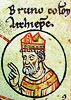 Св. Бруно, архиеп. Кёльнский. Миниатюра генеалогии Оттонов из «Хроники» мон-ря вмч. Пантелеимона (Guelf. 74.3 Aug. P. 226). 2-я пол. XII в.