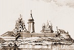 «Вид Кижинского погоста с западной стороны от пролива Онега озера». Гравюра Р. И. Зотова. 1785 г.