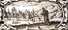 Возвращение свт. Ефрема Переяславского в Киев. Гравюра Л. Тарасевича. Патерик, или Отечник, Печерский. К., 1702 (РГБ)