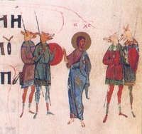 Иисус Христос в окружении воинов с песьими головами. Миниатюра из Киевской Псалтири. 1397 г. (РНБ. ОЛДП. F. 6. Л. 28)