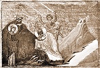 Сщмч. Киприан и мц. Иустина. Миниатюра из Минология Василия II. 1-я четв. XI в. (Vat. gr. 1613. P. 80)