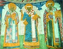 Святители Фотий, митр. Московский, Киприан, митр. Киевский и всея Руси, Иона, архиеп. Новгородский. Фрагмент росписи алтаря придела прп. Варлаама Хутынского в ц. прор. Илии в Ярославле. 1680 г.