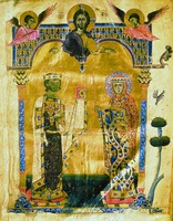 Царь Левон II и царица Керан. Миниатюра из Евангелия. 1262 г. Мастер Торос Рослин (Б-ка Армянского Патриархата в Иерусалиме. № 2660)