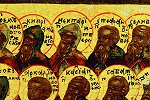 Прп. Киприан Стороженский в ряду избранных святых. Фрагменты иконы \"Собор русских святых\". 1-я пол. XIX в. (ГМНР)