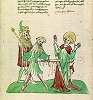 Мученичество Килиана. Миниатюра из «Эльзасской Золотой Легенды». 1419 г. (Universitätsbibliothek Heidelberg. Pal. germ. 144. Fol. 14v)
