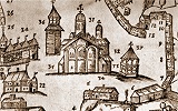 Успенский собор во 2-й четв. XVII в. Фрагмент гравюры с панорамой Верхней лавры из кн. мон. Афанасия Кальнофойского «Тератургима». К., 1638