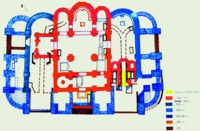 План Михайловского собора по раскопкам 1996–1999 гг. Красным цветом выделены стены нач. XII в., синим — 1-й пол. XVIII в.