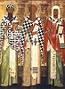 Святители Кирилл и Афанасий Александрийские и Леонтий Ростовский. Икона. Кон. XV в. (НГОМЗ)