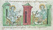 Равноапостольные Кирилл и Мефодий. Миниатюра из Радзивиловской летописи. Нач. XV в. (БАН. 34.5.30. Л. 13)