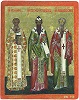 Святители Афанасий и Кирилл Александрийские и сщмч. Игнатий Богоносец. Икона. 2-я пол. XVI в. (ВГИАХМЗ)