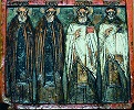 Преподобные Кирилл Белозерский и Сергий Радонежский, святители Григорий и Николай Чудотворец. Клеймо напрестольного креста. Нач. XVI в. Кириллов Белозерский мон-рь (КБМЗ)
