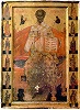 Свт. Николай Мирликийский на престоле, со святителями на полях. Икона. 1-я пол. XVI в. (мон-рь Дохиар, Афон)