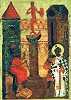 Сщмч. Климент перед префектом Рима. Фрагмент иконы «Сщмч. Климент, еп. Римский, с житием». Сер. XVI в. (АМИИ)