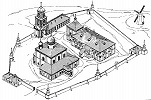 Клопский Михайловский во имя Св. Троицы мон-рь. Вид с северо-запада. Проект реставрации в формах XIX в. Н. Н. Кузьмина