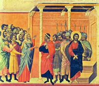 Иисус Христос обвиняется фарисеями. Фрагмент алтарной картины «Маэста». 1311 г. Худож. Дуччо ди Буонинсенья (Музей собора, Сиена)