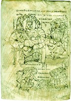 Имп. Константин Великий на I Вселенском Соборе. Сожжение арианских книг. Лист из сборника по каноническому праву. Италия. 825 г. (Biblioteca Capitolare Vercelli. Ms CLXV)