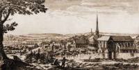 Вид на церковь аббатства Клерво. Гравюра. Сер. XVII в. Мастер И. Сильвестр (Музей изящных искусств в Дижоне)