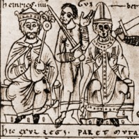 Имп. Генрих IV и антипапа Климент III. Миниатюра из &quot;Хроники&quot; Оттона Фрайзинского. 1157 г. (Codex Jenesis Bose. Q. 6. Fol. 54)