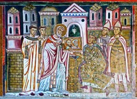Папа Римский Сильвестр показывает Константину образ апостолов Петра и Павла Роспись капеллы Сан-Сильвестро в базилике Санти-Куатро-Коронати, Рим. 1247 г.