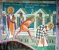 Сщмч. Климент, еп. Римский. Мученическая кончина сщмч. Петра, еп. Александрийского. Роспись ц. Вознесения Господня мон-ря Высокие Дечаны, Косово и Метохия. 1348–1350 гг.