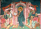 Иисус Христос толкует Свящ. Писание в синагоге Назаретской. Роспись ц. Вознесения мон-ря Дечаны, Косово и Метохия. 1348–1350 гг.