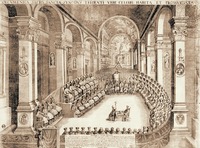 Заседание Тридентского Собора. Гравюра из серии «Concilio di Trento, 1543–1563». 1673 г. Худож. Л. Сарданья
