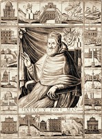 Папа Римский Сикст V. Гравюра. 2-я пол. 90-х гг. XVI в. Мастер Дж. Пинаделло (Музей Рима)