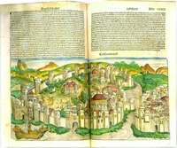 Вид Константинополя. Разворот из кн.: H. Schedel. Liber chonicarum. 1493. Fol. 129r–130 (РГБ)
