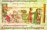 VII Вселенский Собор. Миниатюра из «Хроники» Константина Манассии. XIV в. (Cod. Vat. slav. II. Fol. ??)