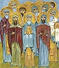 Лука Иерусалимский (1-й слева во 2-м ряду) в соборе груз. Иерусалимских святых. Икона. XXI в.