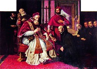 Католический св. Игнатий Лойола и буд. члены ордена иезуитов перед папой Римским Павлом III. XVII в. Неизвестный художник (собрание картин Версальского дворца)