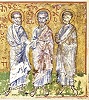 Апостолы Лин, Филолог, Ерма. Миниатюра из греко-груз. рукописи (РНБ. О. I. 58. Л. 85 об.). Кон. XV в.