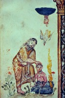 Крещение Господне. Миниатюра из Евангелия Раввулы. 586 г. (Laurent. Plut. 1. 56. Fol. 4v)