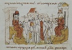 Целование креста Владимиром Всеволодовичем Мономахом (Переяславским) и Святополком Изяславичем Киевским в знак примирения. Миниатюра из Радзивиловской летописи (БАН. 34.5.30. Л. 143 об.)