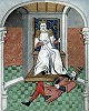 Султан Алп-Арслан попирает визант. имп. Романа IV Диогена. Миниатюра из сочинения Дж. Боккаччо «О несчастьях знаменитых людей». 2-я четв. XV в. (Paris. fr. 232. Fol. 323)