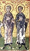 Св. бессребреники Косма и Дамиан Аравийские. Миниатюра из греко-груз. рукописи. Кон. XV в. (РНБ. О.I.58. Л. 82)