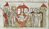 Крещение кн. Владимира. Миниатюра из Радзивиловской летописи. Кон. XV в. (БАН. 34.5.30. Л. 62 об.)
