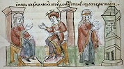 Равноап. кнг. Ольга убеждает сына Святослава Игоревича принять христианство; молитвы кнг. Ольги о благополучии сына и своих подданных. Миниатюра из Радзивиловской летописи. Кон. XV в. (БАН. 34.5.30. Л. 33 об.)